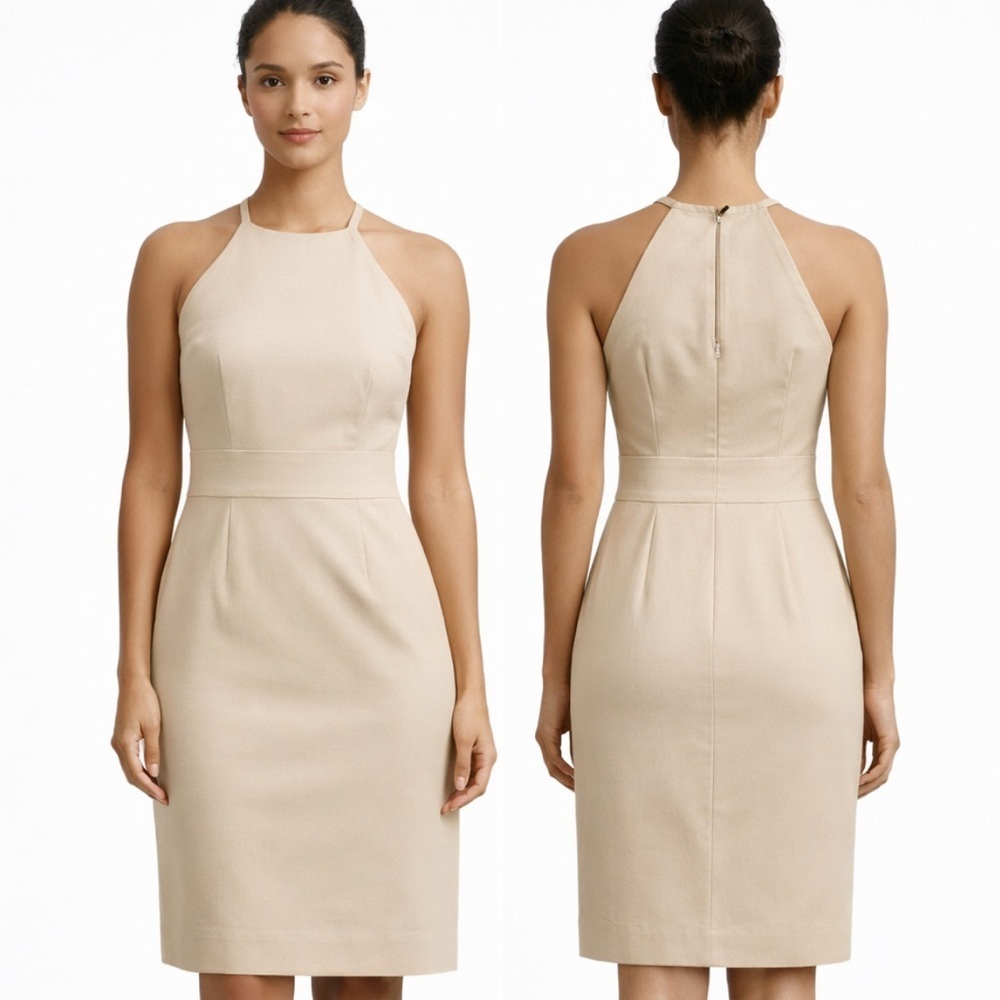 Banana Republic Halter Dress Size 0 Beige Knee Length Back Zip Peekaboo Detail